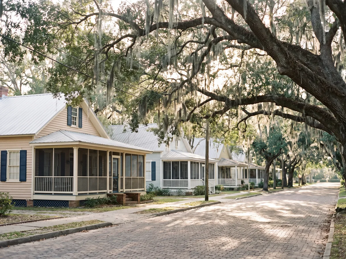A tree-lined residential street in a historic Pensacola neighborhood with oak trees and coastal cottages